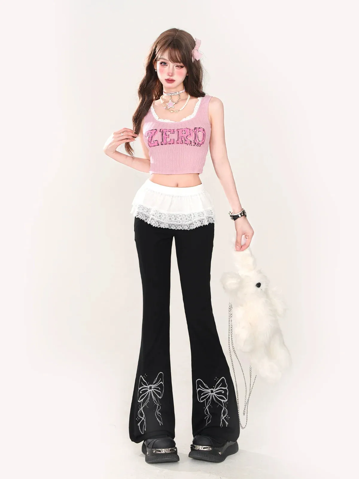 Ribbon Design Lace Pants Flared   Skirt