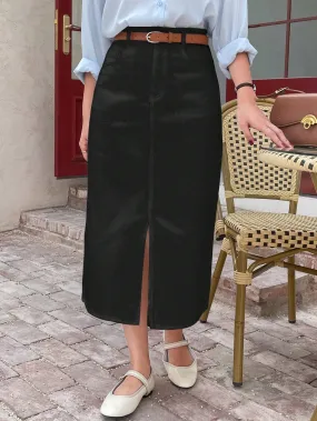 Summer Midi Skirt With Split Hem_Black
