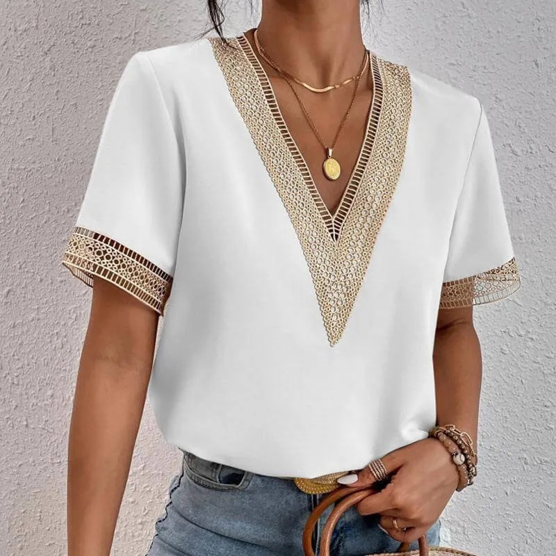 V-neck splicing lace chiffon short sleeve T-shirt