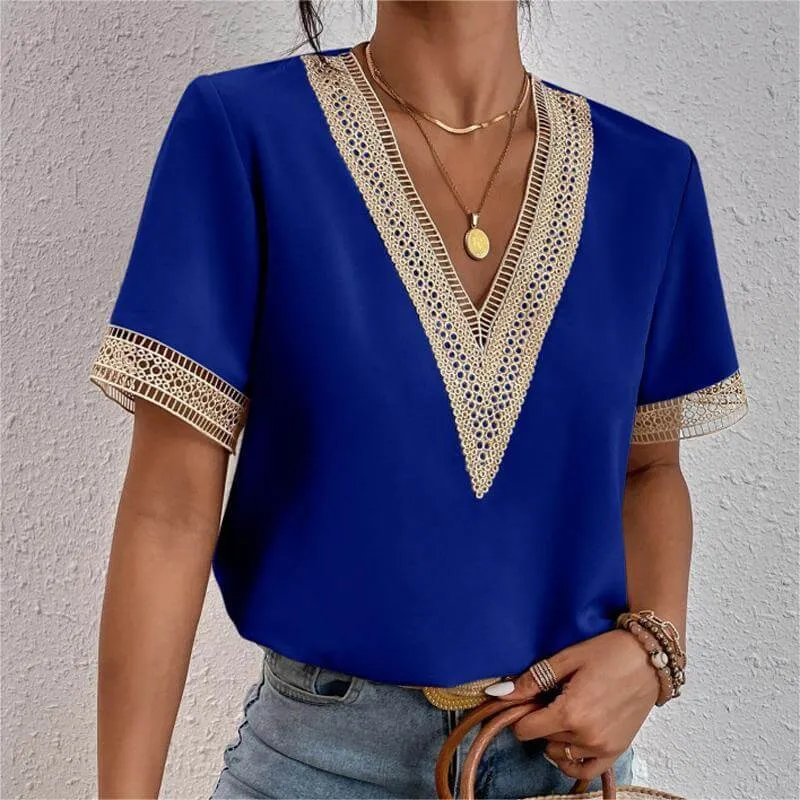 V-neck splicing lace chiffon short sleeve T-shirt