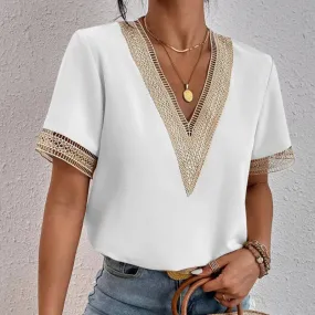 V-neck splicing lace chiffon short sleeve T-shirt