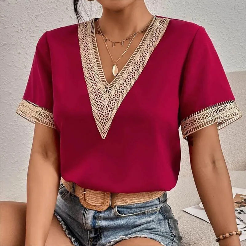 V-neck splicing lace chiffon short sleeve T-shirt