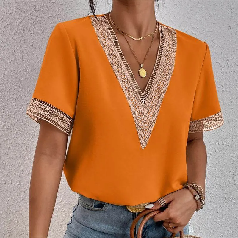 V-neck splicing lace chiffon short sleeve T-shirt