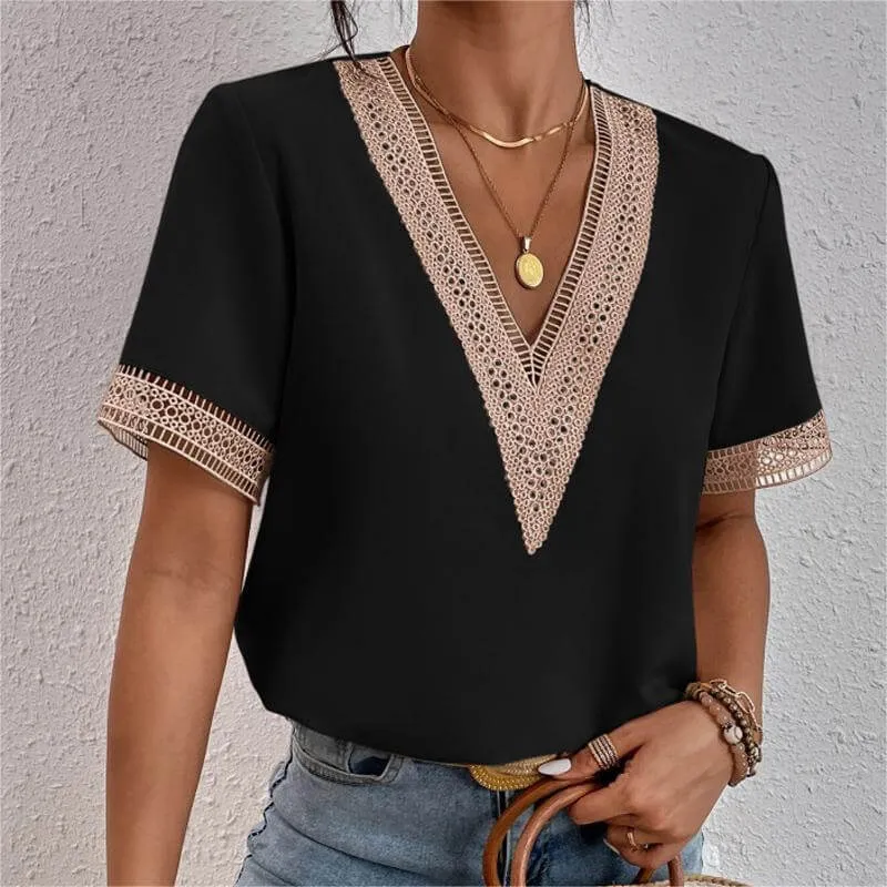 V-neck splicing lace chiffon short sleeve T-shirt
